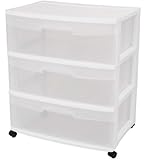 Sterilite 29308001 Wide 3 Drawer Cart, White Frame with Clear Drawers and Black Casters, 1-Pack