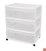 Sterilite 29308001 3-Drawer Wide Cart with See-Through Drawers and Black Casters, White