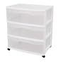 Sterilite 29308001 3-Drawer Wide Cart with See-Through Drawers and Black Casters, White