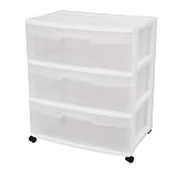 Sterilite 29308001 3-Drawer Wide Cart with See-Through Drawers and Black Casters, White ~ STERILITE