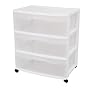 Sterilite 29308001 3-Drawer Wide Cart with See-Through Drawers and Black Casters, White