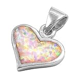 Sterling Silver Pendant in Lab Opal - Heart - Pendant Height: 12mm