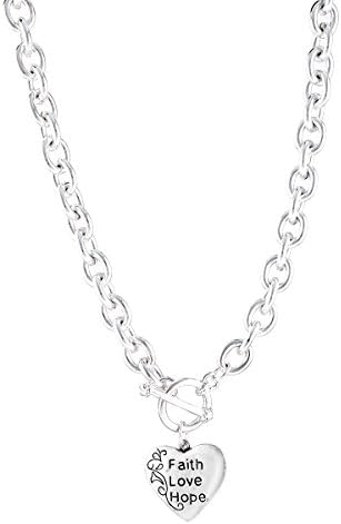 Fashion Silver Chain Necklace With "Faith Love Hope" Text On Heart Women's Girl's Gift For Her