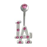 Los Angeles Dodgers "LA" 316L Stainless Steel Belly Ring with Pink Cubic Zirconia - 14G - 3/8 Inch Bar Length - Sold Individually