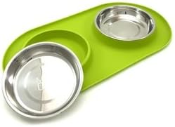 Messy Mutts Stainless Steel Double Cat Feeder with Non-slip Silicone Base, Medium, Green