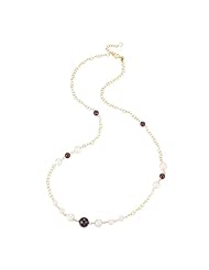 White Pearl and Garnet Beads Necklace in Gold over Sterling Silver