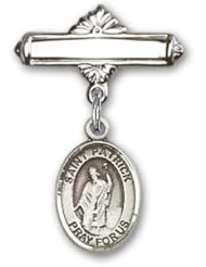 Sterling Silver Baby Badge with St. Patrick Charm and Polished Badge Pin