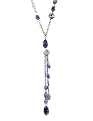 Long Grey Italian Sterling Silver Necklace with Purple Amethyst Gemstones and Silver Filigree Discs; 9 Inch Center Drop
