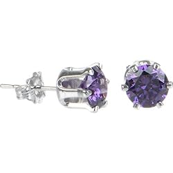 Sterling Silver 6mm Amethyst (February) Cubic Zirconia Stud Earrings