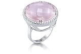14K White Gold Matte-Finish Designer Ring, Centered with a Rose-Quartz Semi-Precious Stone, Surrounded by Pave Set Diamonds.