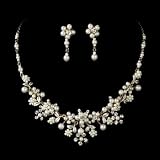 Gold Ivory Pearl Rhinestone Flower Necklace Earring Set