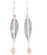 Long Double Sided Leaf Dangle Earrings in Hill Tribe Silver with Peach Quartz Gemstone Beads, #7941