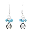Small Round Raised Lotus Flower Dangle Earrings in Sterling Silver with Beads of Turquoise, #8181