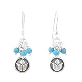 Small Round Raised Lotus Flower Dangle Earrings in Sterling Silver with Beads of Turquoise, #8181