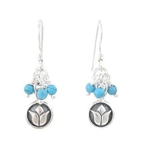 Small Round Raised Lotus Flower Dangle Earrings in Sterling Silver with Beads of Turquoise, #8181