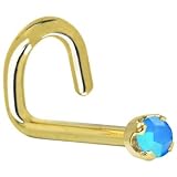 Solid 14KT Yellow Gold 2mm Caribbean Blue Swarovski  Left Nostril Screw - 18 Gauge