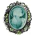 Green Austrian Rhinestone Antique Silver-Tone Lady Cameo Brooch Pin