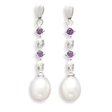 14K White Gold 7-7.5mm Cultured Freshwater Rice Pearl, Diamond and Amethyst Post Drop Earrings