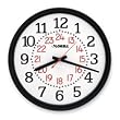 Lorell Products - Military Wall Clock, 14-3/4", 12/24 Hour, WE Dial/BK Frame - Sold as 1 EA - Round profile wall clock offers radio-controlled movement for accurate time. Design features a black frame, easy-to-read white dial, and red second hand sweep. The outside track features 12-hour times in black, and the inside track has the rest of the military, 24-hour numerals in red. Clock runs on one AA battery (sold separately).