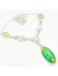 Sterling Silver Green Lace Agate, Moonstone, Prehnite Y-shape Necklace