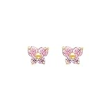 14K Yellow Gold October CZ Birthstone Butterfly Stud Earrings for Baby and Children (Pink Tourmaline, Light Pink)