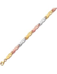 14K Yellow White And Rose Gold 7.25" 5.0mm Textured Polish Alternate Tri Color Domed X Like Bracelet With Pear Shape Clasp