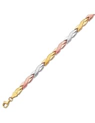 7.25" 14K Yellow, White & Rose Gold 5.0mm (1/5") Textured Polished Alternate Tri Color Domed X Like Bracelet w/ Pear Shape Clasp