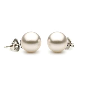 14K White Gold 7-7.5mm White Akoya Saltwater Cultured Pearl Stud Earrings AAA Quality