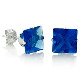 December Birthstone Blue Zircon Princess Cut Cubic Zirconia CZ Silver Stud Earrings