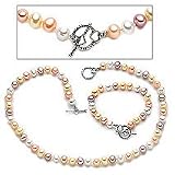 Multi Color Pearl Necklace Bracelet Set, with Silver Toggle Clasp