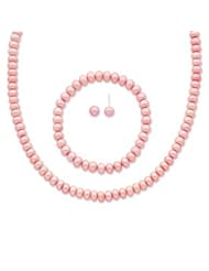 18" Pink Pearl Necklace, Stretch Pink Pearl Bracelet & Pearl Earrings