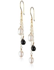 Gold over Silver Multi-Drop White Rice Freshwater Cultured Pearl and Black Onyx Teardrop Earrings