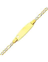 14K Yellow Gold White Pave 3.0mm Baby Heart ID Figaro Bracelet with Lobster Claw Clasp - 6" Inches