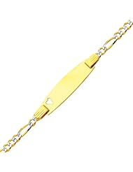 14K Yellow Gold White Pave 3.0mm Baby Heart ID Figaro Bracelet with Lobster Claw Clasp - 6" Inches