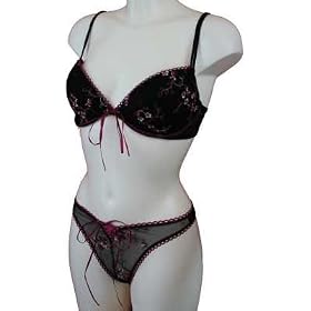Black Embroidered with Deep Pink Flowers Padded Bra & Sheer Thong Set 38B/16