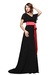 V-neck Cocktail Lace   Chiffon/Satin Evening Dress/Bridesmaid Dress/Prom Dress/Wedding Party Dress  with a Brush/Sweep Train  With a Bow(s) and a Sash  and Ruffles