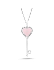 Sterling Silver Pink Heart and Key with Diamond-Accent Pendant Necklace (0.02 cttw, I-J Color, I2-I3 Clarity), 18"
