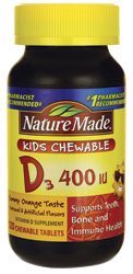 Nature Made Vitamin D3, 400 IU, Kids Chewable, Yummy Orange Taste, Chewable Tablets, 120 ct.