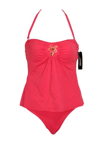 DKNY 2 Pc Pink Halter Tankini w/Embroidered Flower S