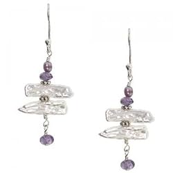 Purple / White Freshwater Pearl & Amethyst Dangle Earrings in Sterling Silver