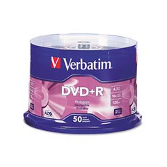 DVD+R Recordable Discs on Spindle, 4.7 GB, Silver Matte, 50/Pack VER95037