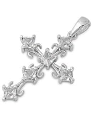 Sterling Silver Vintage Clear CZ Cross Pendant Wholesale Charm Pure 925 New 28mm with 1.3mm Curb Chain