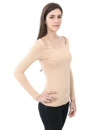 Doublju Women's Sheer Rib Long-Sleeve Scoop Neck T-Shirt BEIGE M