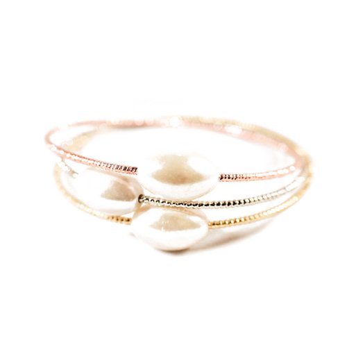 apop nyc Three Tone Silver Yellow Pink Gold Pearl Bangle Bracelets Set of 3