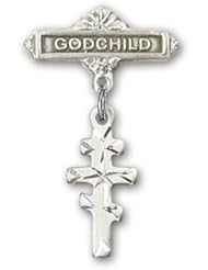 Sterling Silver Baby Badge with Greek Orthadox Cross Charm and Godchild Badge Pin