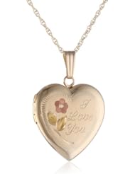 14k Yellow Gold Engraved "Mom" Heart Locket with Tricolor Necklace, 18"