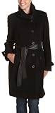 Cole Haan Women's Wool Cashmere Button Front Coat with Large Envelope Collar and Tie on Leather Belt