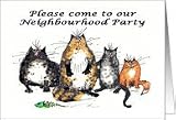 Please come to our Neighbourhood/block party, cats, humour, English spelling Card