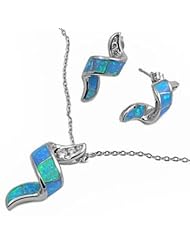 NEW BEAUTIFUL CURL BLUE FIRE OPAL .925 Sterling Silver Earrings & Pendant Necklace