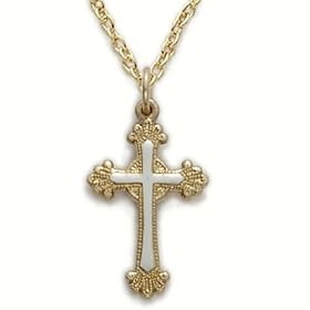 14K Gold Filled 5/8" 2-Tone Women Cross Necklace with Scroll Ends on 18" Chain